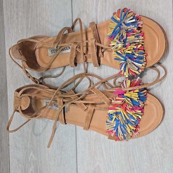 Steve Madden Women Swizzle Multicolor Pom Pom Sandals Leather Lace Up Sz 8.5